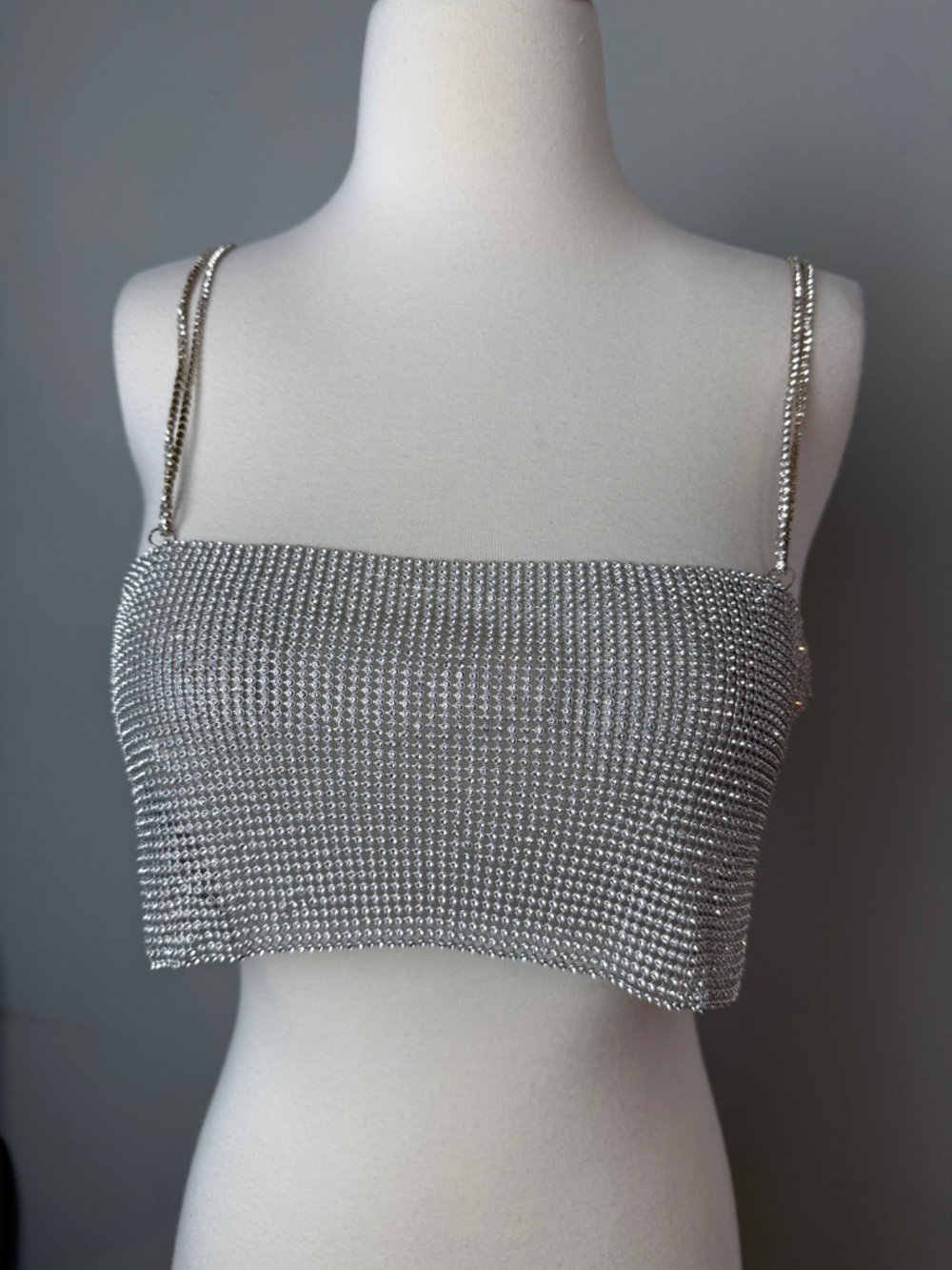Silver Rhinestone Chain-Strap Crop Top